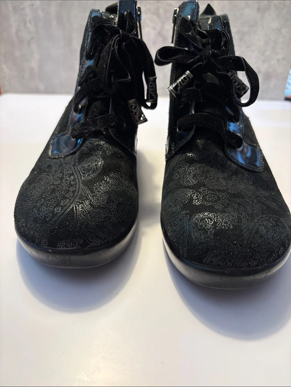 Algeria Black suede women’s Lace-Up Ankle Boots size 38 (7.5) w/ subtle pattern